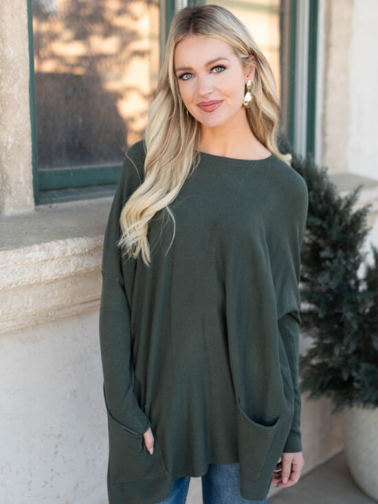 Aria Dark Green Pocket Sweater