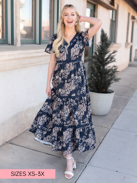 MollieNavyBluePatternedDress.png Mollie Navy Blue Patterned Dress