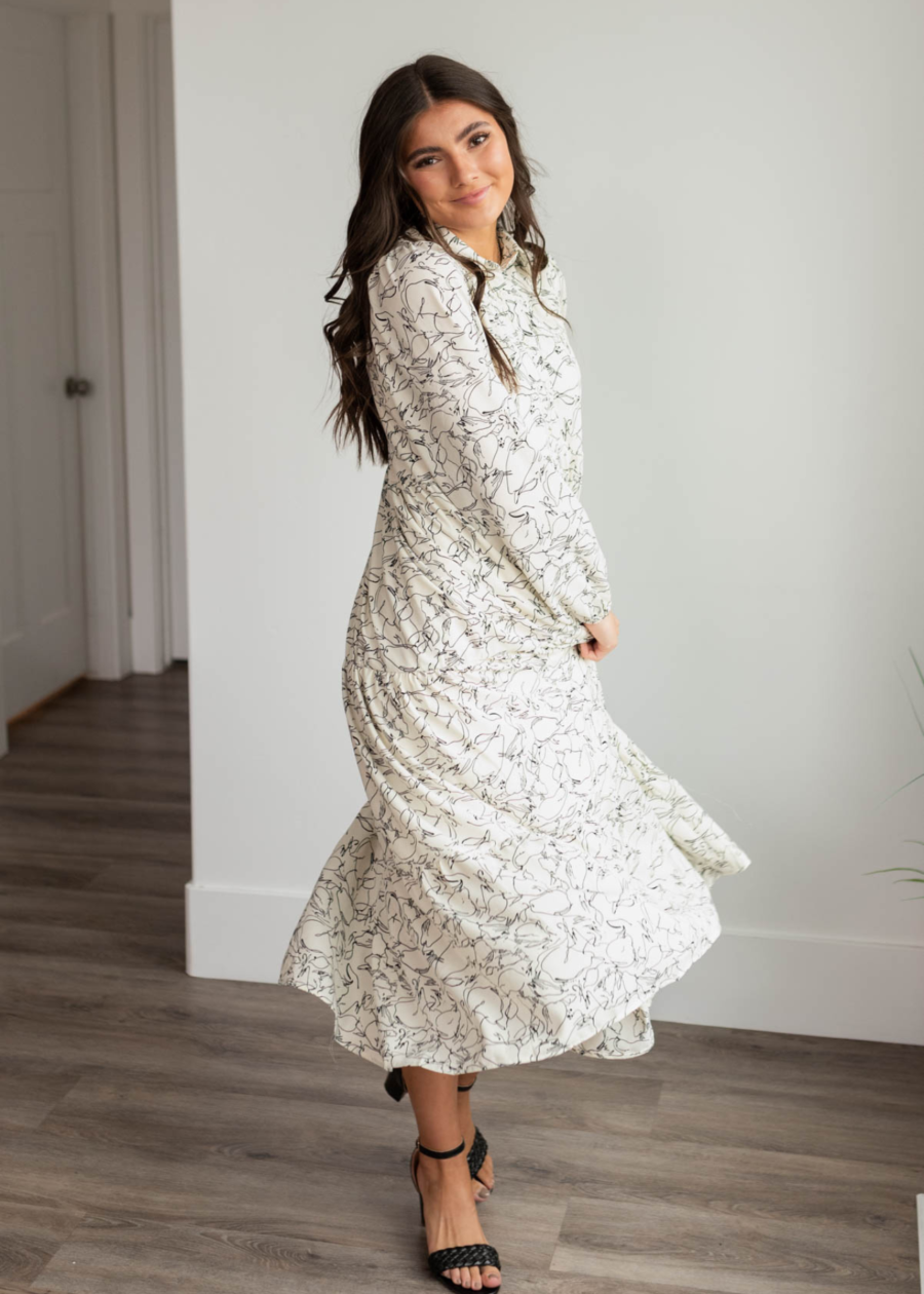 Tris White Floral Pattern Dress