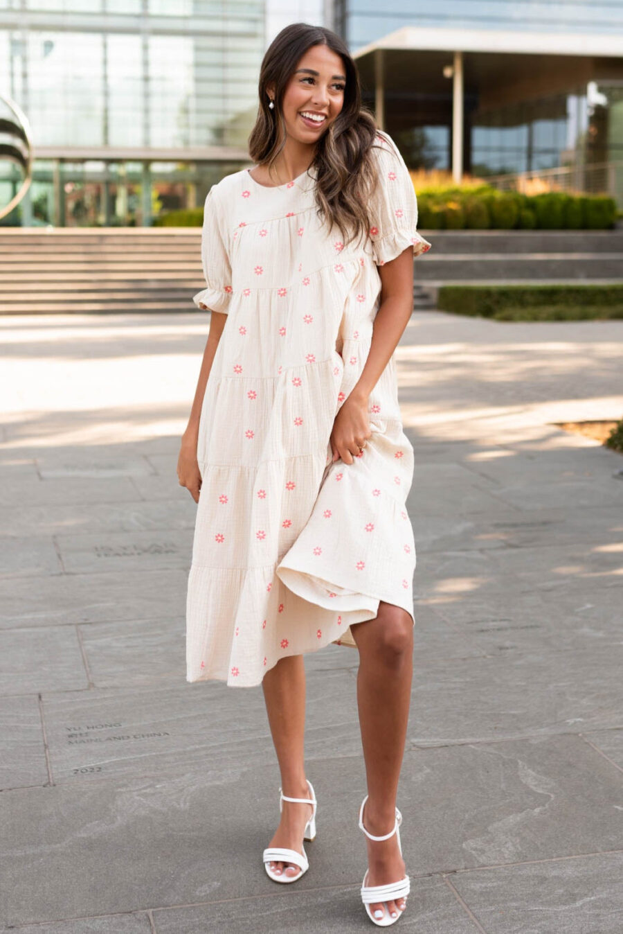 Trisha Beige Floral Embroidered Dress